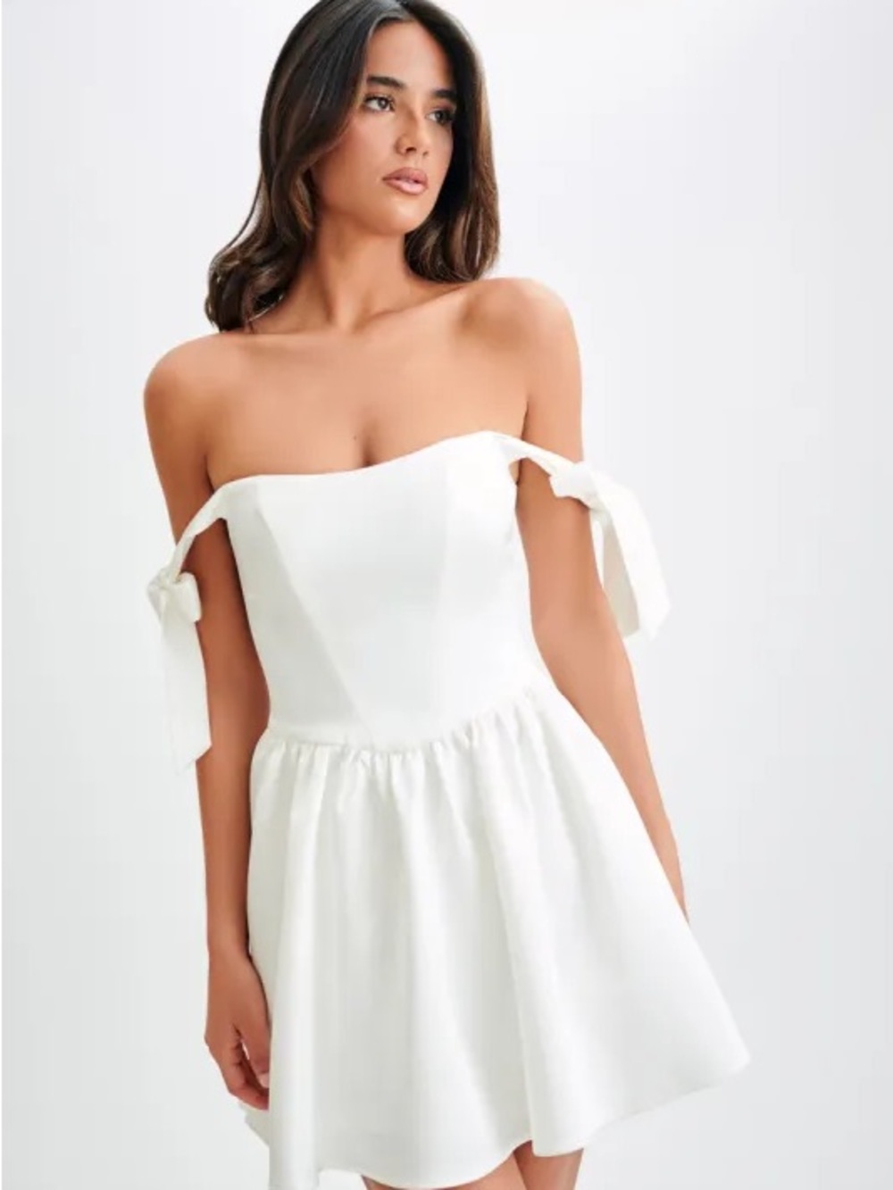 Meshki White Satin Strapless Tie-Sleeve Mini Dress